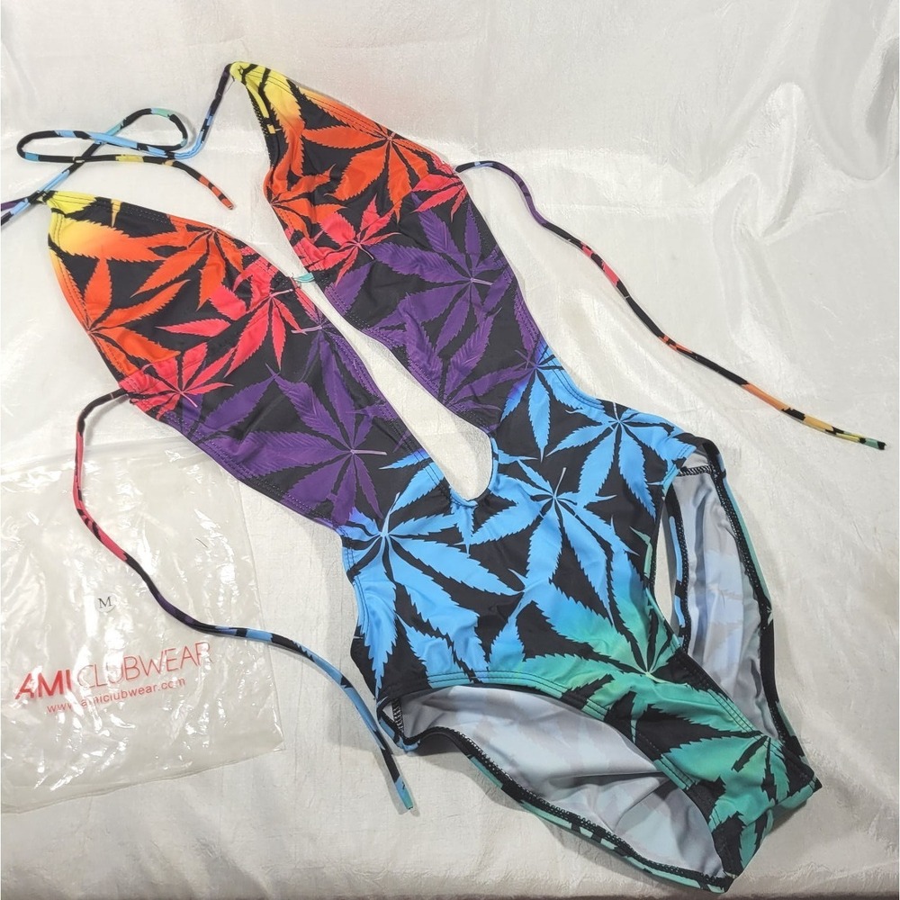 AMI Clubwear Women's 1pc Cutout Swimsuit - Pot Leaf Print - Medium